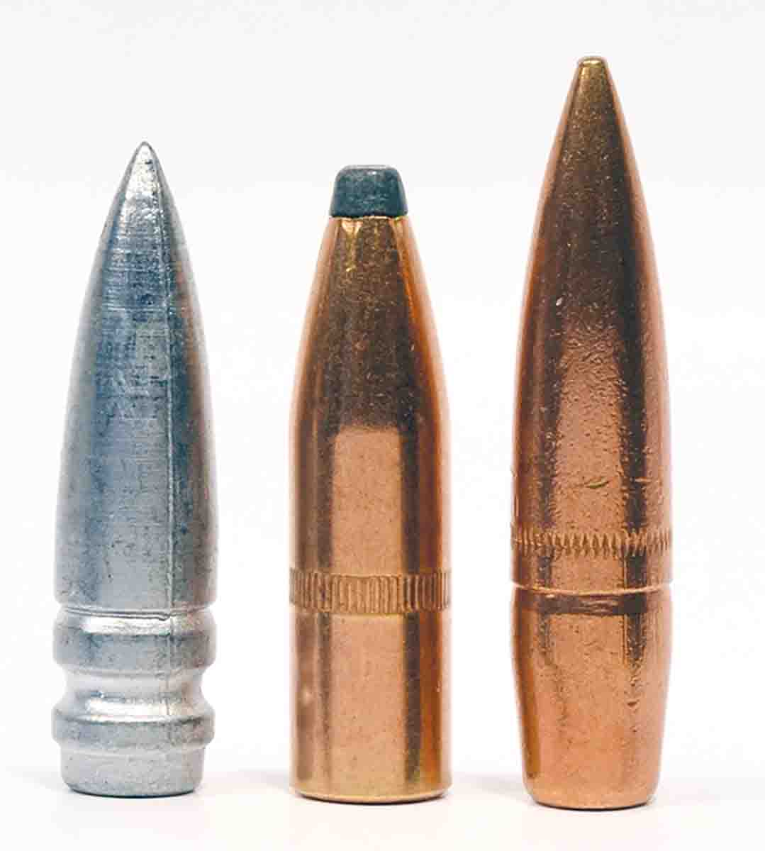 Modern bullets in .288-inch diameter are hard to come by. From left, these include a 140-grain cast bullet (Ideal mould 287377), a 150-grain bullet made for Huntington Die Specialties and an unidentified 152-grain spitzer boat-tail match bullet.